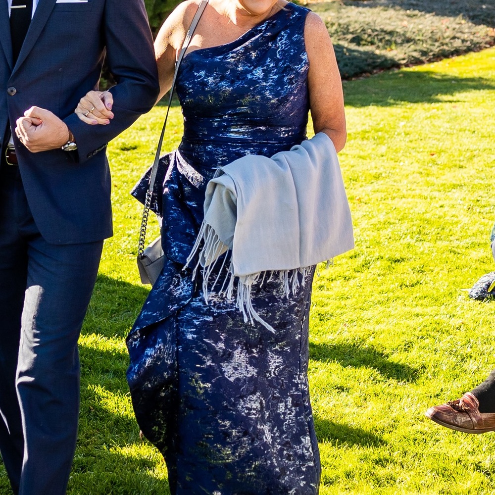 Rickie Freeman for Teri Jon One-Shoulder Navy Metallic Jacquard Gown